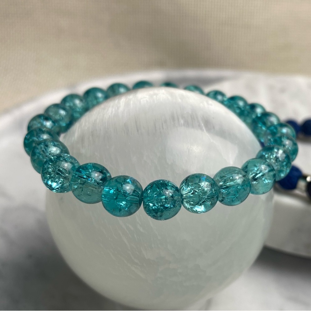 Gemstone Bracelet: Lava Stone + Blue Goldstone + Crackled Glass + Wave Charm - Picture 3 of 9